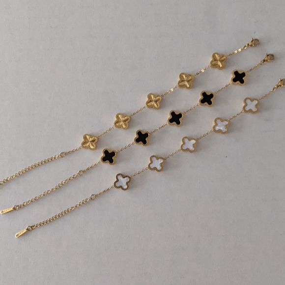 AIPPK 18K Gold Plated Clover Bracelet Set Gold/White/Black - Picture 2 of 7